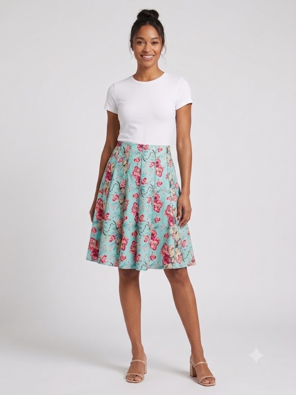 mac & jac Aqua Floral Circle Skirt with Pink Blooms NWT🌸